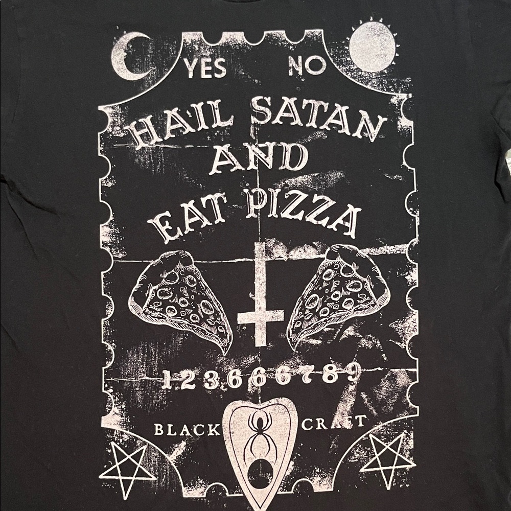 Used Large Black Craft Cult Ouija Board T Shirt Hail Satan And Eat Pizza